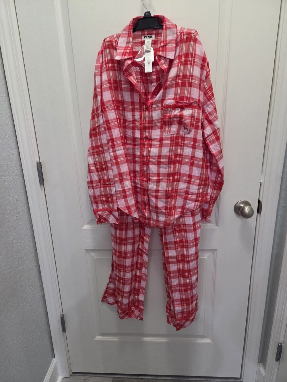 PINK Victoria's Secret Red & White Plaid Kids Pajama Set - Button-Up Top & Pants